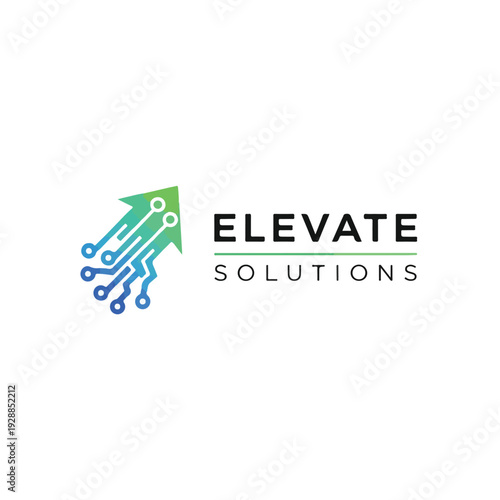 A logo design featuring an upward arrow and a circuit board visual
