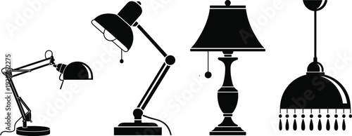 Set of black lamp silhouettes including desk lamps, table lamps 