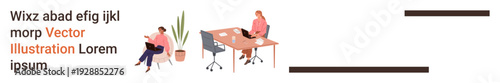Workplace collaboration, remote work, modern office, productivity, coworking, organization. Two people using laptops at desks with a plant nearby. Workplace collaboration and remote work concepts