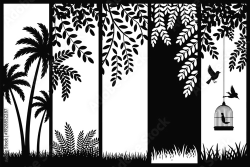 Tree silhouette illustration with birdcage and tropical leaves in black and white