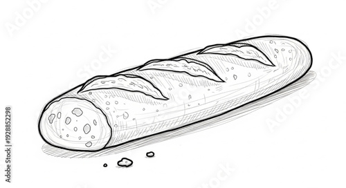 Hand drawn illustration of a freshly baked baguette bread loaf.