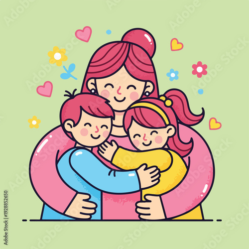 A loving mother hugs her two children, surrounded by hearts and flowers