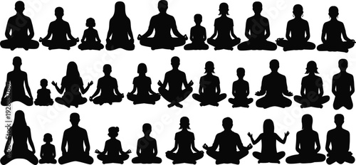 Yoga meditation silhouette set, men women and children sitting lotus pose mindfulness practice isolated on white background