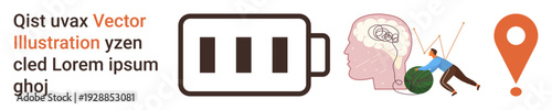 Energy management, mental health, global responsibility, environmental awareness, navigation, productivity. Battery icon, brain person carrying Earth location marker. Energy management and mental