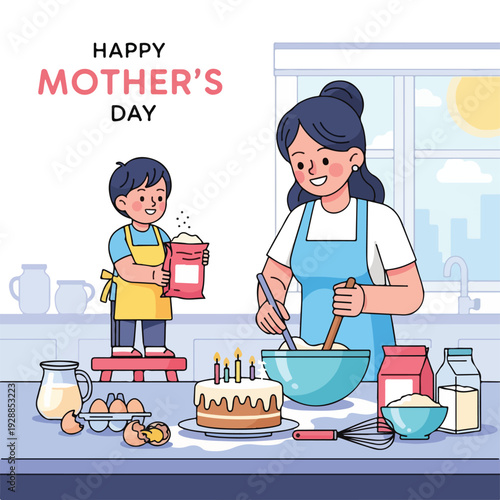 A mother and child bake together, preparing a cake for a special occasion