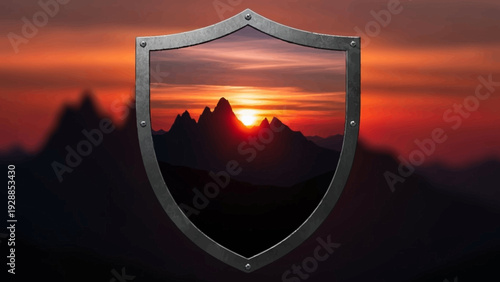 Silver Shield with Mountain Landscape Inside.