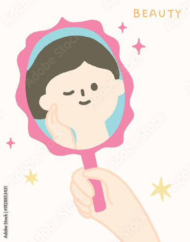 Skin care concept handdrawn illustration with beautiful woman looking at mirror.