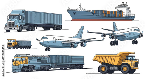 Illustration depicting a diverse range of transportation methods for goods, featuring land, air, and sea vehicles like trucks, trains, planes, and ships.