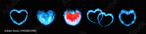 Blue fire burning ring heart shapes on black, flaming love symbol frames, realistic fiery hearts with flame vector set