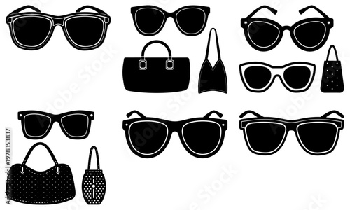 Fashion accessories including sunglasses and handbags displayed in a grid pattern