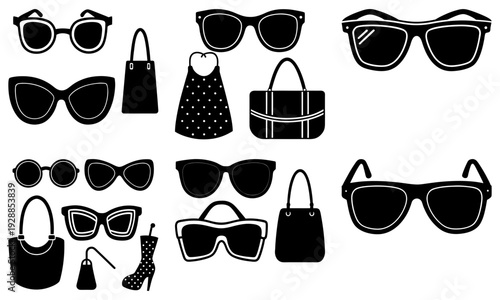 Fashion accessories including sunglasses, bags, and hats displayed in a grid layout on a white background from a direct viewpoint