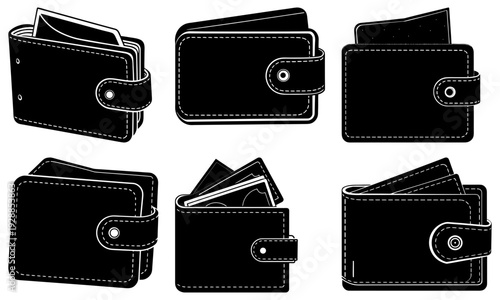 Collection of black leather wallets in various open and closed positions on a white background, depicted in a graphic illustration style from a straightforward viewpoint.