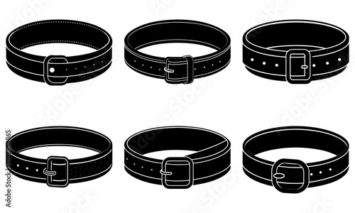 Collection of black leather belts with buckles displayed in two rows on a white background