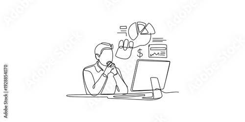 A woman working on a laptop surrounded by financial data charts and graphs in one line art style Vector, illustration