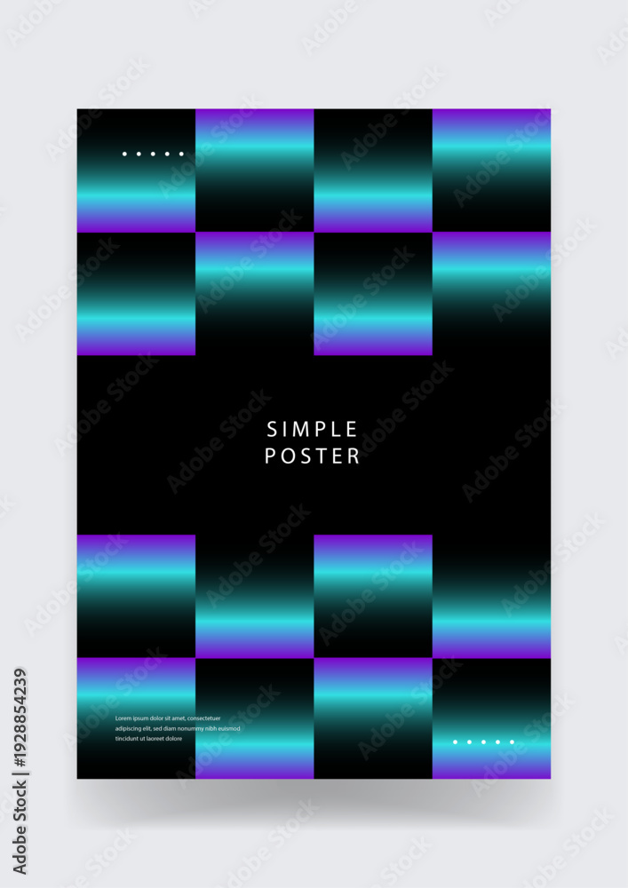 Fototapeta premium Minimalist poster design featuring a checkerboard grid pattern with vibrant cyan and purple neon light effects on black