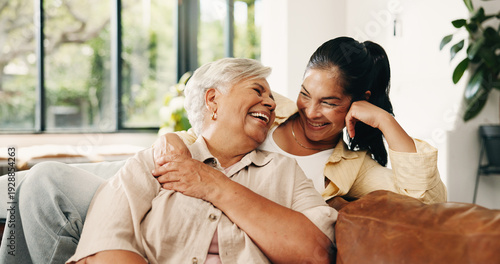 Schilderij op canvas Senior, happy mom and woman with laugh on sofa for funny joke, humor and comedy together in home