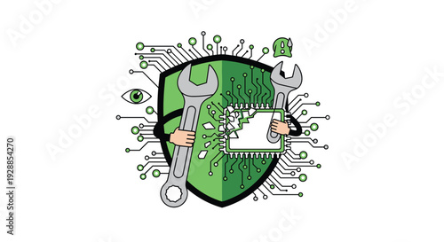 A stylized green shield with circuit board patterns features a large wrench on one side and a smaller wrench actively repairing a broken chip on the other, Generative AI.