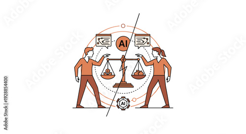 Two stylized human figures are standing on opposite sides of a large balance scale holding money bags with AI labels and circuit board patterns above them, Generative AI.