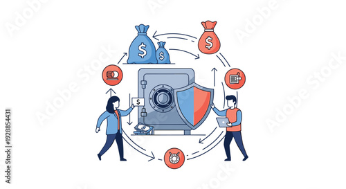 Two stylized figures are interacting with a large central safe protected by a shield while money bags and coins circulate around them in a continuous loop, Generative AI.