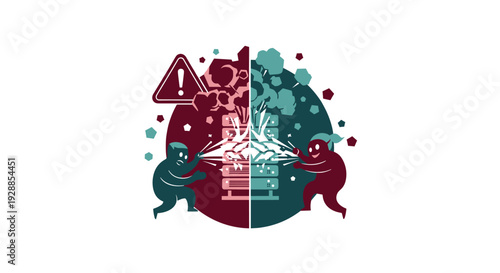 Two opposing cartoon figures are vigorously attacking a central exploding server rack causing debris to scatter with a warning sign present on a white background, Generative AI.