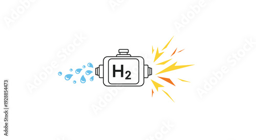 A minimalist outlined hydrogen cell labeled H2 is shown with blue water droplets spraying from its left and sharp lightning bolts bursting from its right, Generative AI.