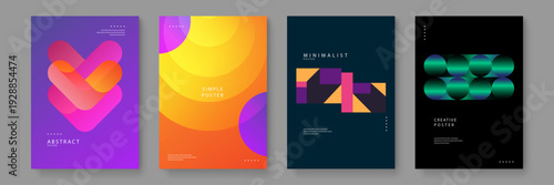 Professional collection of four abstract posters using heart shapes sun motifs and 3D spheres in bold colors on dark backgrounds