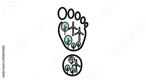 A bold black outline of a human footprint filled with green trees and wind turbines is shown above a smaller black circle containing similar elements all on a white background, Generative AI.
