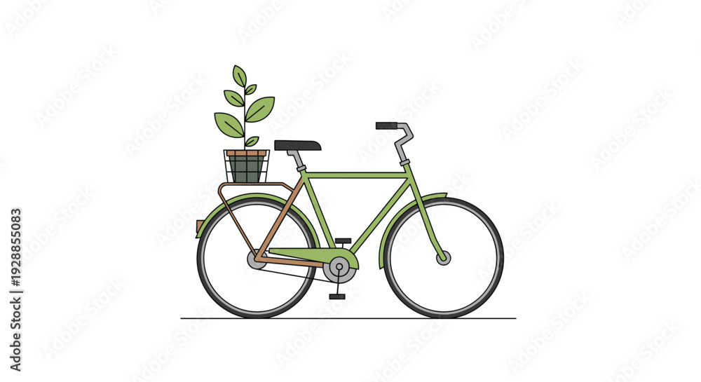Obraz premium A stylized light green bicycle with a potted plant on its rear rack is depicted in profile on a thin gray line against a white background, Generative AI.