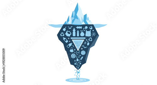 A stylized illustration presents an iceberg with its visible tip and a submerged section filled with various blue plastic waste icons with water dripping from its base, Generative AI.