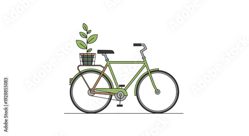 A stylized light green bicycle with a potted plant on its rear rack is depicted in profile on a thin gray line against a white background, Generative AI.
