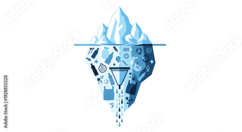 A stylized illustration depicts an iceberg with its visible tip and a submerged section filled with various blue plastic waste icons against a white background, Generative AI.
