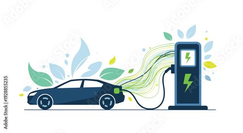 A stylized illustration shows a dark blue electric car being charged at a modern station with green energy lines and floating leaves on a white background, Generative AI.