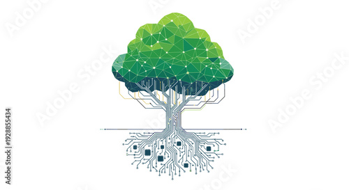 A polygonal green tree with a brown trunk features a canopy of interconnected geometric shapes and circuit board roots extending downwards on a white background, Generative AI.
