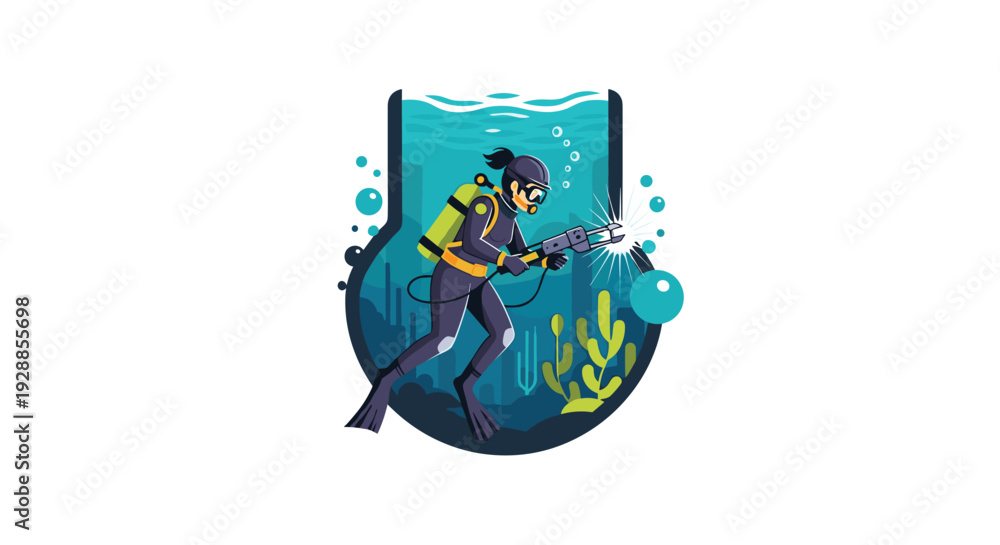 Fototapeta premium A cartoon scuba diver in full gear is actively performing underwater welding surrounded by aquatic plants and bubbles within a decorative shield frame, Generative AI.