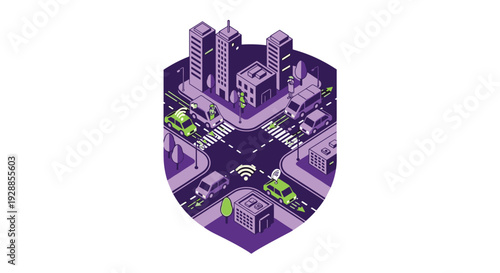 An isometric smart city intersection with cars and buildings is depicted within a large purple shield, Generative AI.