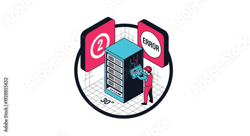 A technician is actively maintaining a light blue server rack surrounded by red error panels within a circular frame, Generative AI.