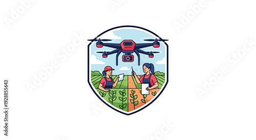 Two female farmers are inspecting crops in a field under a hovering drone all enclosed within a shield-shaped frame, Generative AI.