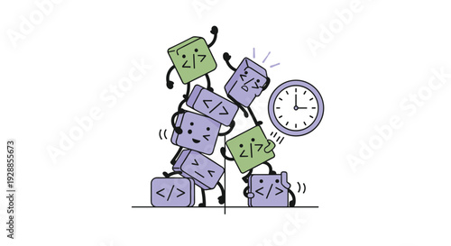 Numerous anthropomorphic code blocks with distinct facial expressions form an unstable stack with one falling near a round clock, Generative AI.