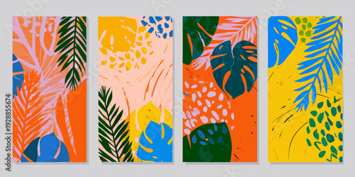 Four vibrant vertical panels featuring abstract tropical foliage designs