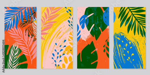 Abstract tropical leaves in vibrant colors arranged in a grid pattern