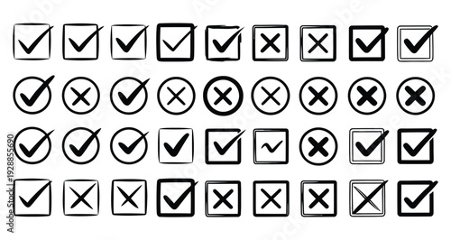 Check and cross mark doodle vector set, hand drawn yes and no symbols with checkbox, circle and box elements in sketch style, vote approval and rejection concept isolated illustration for forms, surve