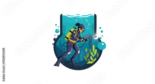 A cartoon scuba diver in full gear is actively performing underwater welding surrounded by aquatic plants and bubbles within a decorative shield frame, Generative AI.