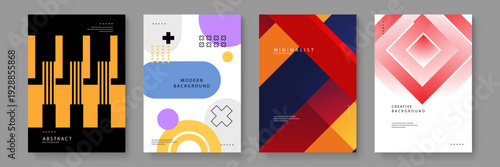 A collection of four professional abstract background posters featuring geometric shapes and flat design elements in various color palettes