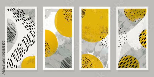 Four abstract panels featuring geometric shapes and a muted color palette