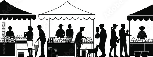 Black and white silhouette of people shopping at outdoor farmers 