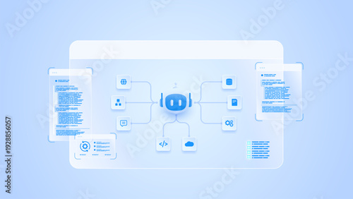 AI workflow automation artificial intelligence. ai agent network diagram dashboard machine learning architecture data pipelines, coding panels, analytics panels and automation flow.