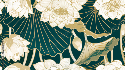 Elegant floral pattern featuring golden lotus flowers on a teal background