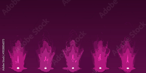 Abstract illustration of five glowing flame like shapes on purple