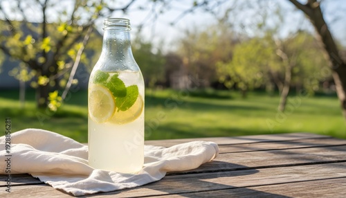 Fresh homemade lemonade bottle on a rustic wooden table for a refreshing early spring picnic concept in a sunny outdoor garden