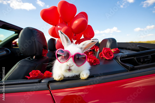 Delightful white rabbit with heart-shaped sunglasses enjoys a joyful ride in a red convertible, surrounded by romantic balloons and roses for a loving celebration